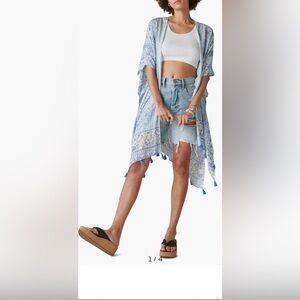 Lucky Brand Easy Printed Kimono Wrap Coverup Duster Tassels Blue One Size